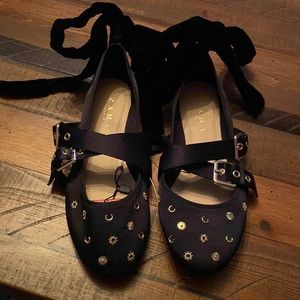Satin Zara Black Ballet Flats with Buckles